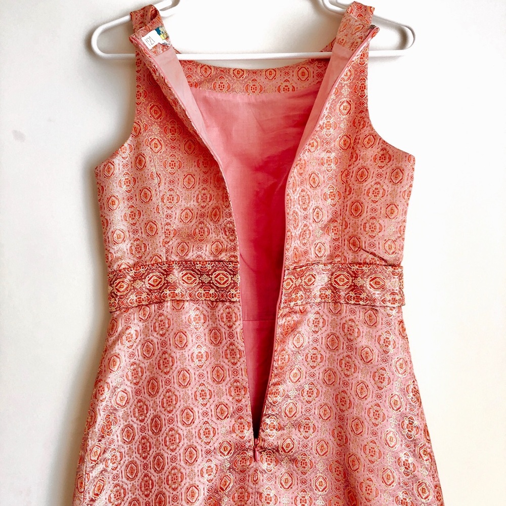 F21 Design Pink/Gold Geo Satin Sheath Dress - Picture 3 of 7